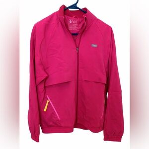 Figs Sydney Scrub Jacket, Shocking Pink, Lime Zipper Pulls, XS